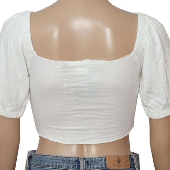 Roxy Flirty Walk Top Ruched Cropped Smocked Short Sleeve Blouse S - Picture 4 of 6